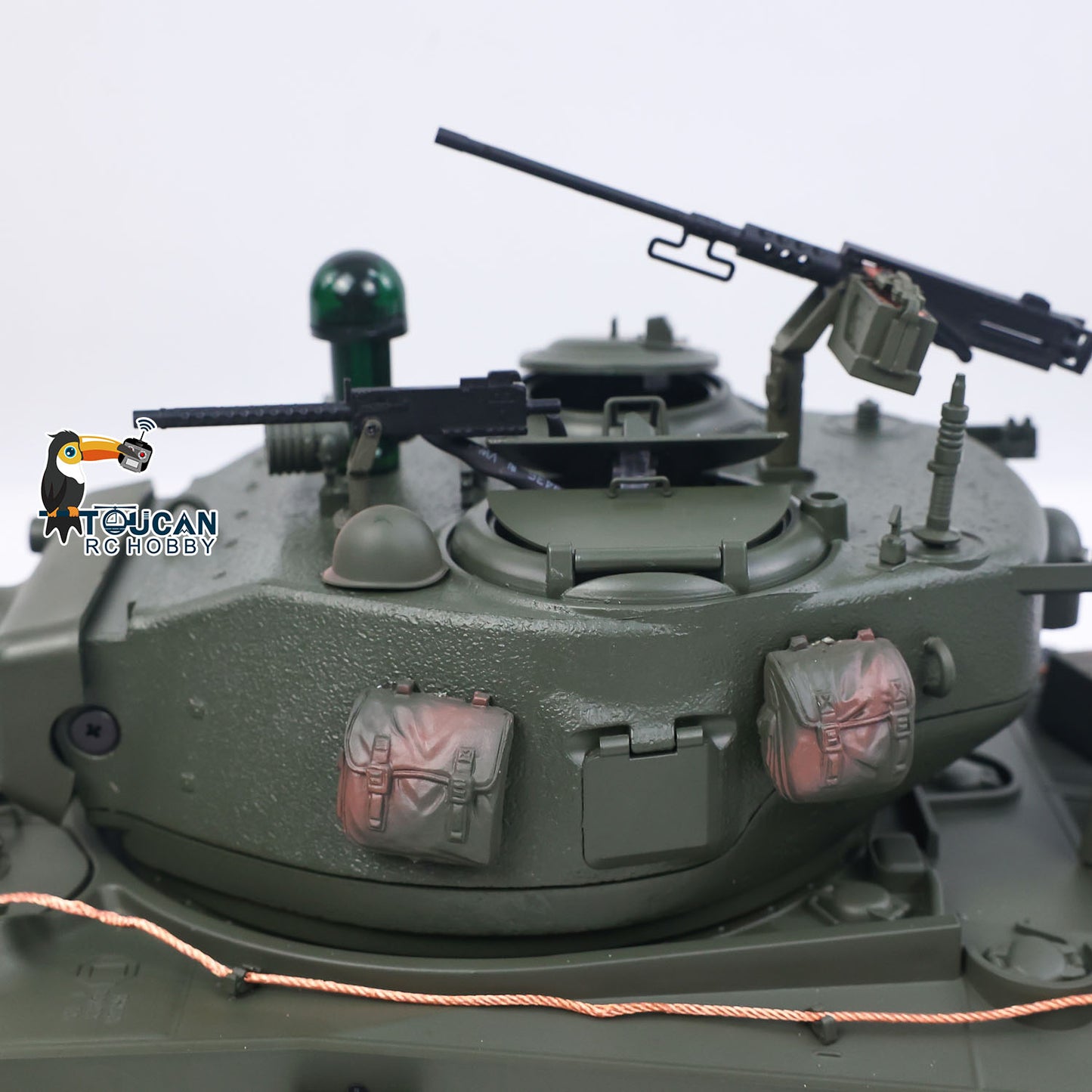 TOUCAN RC HOBBY US Stock RTR 1/16 RC Tank Sherman M4A3E8 IR BB Barrel Elevation Smoking Metal Chassis Tracks Road Wheels Machine Gun 360 Degree Rotation