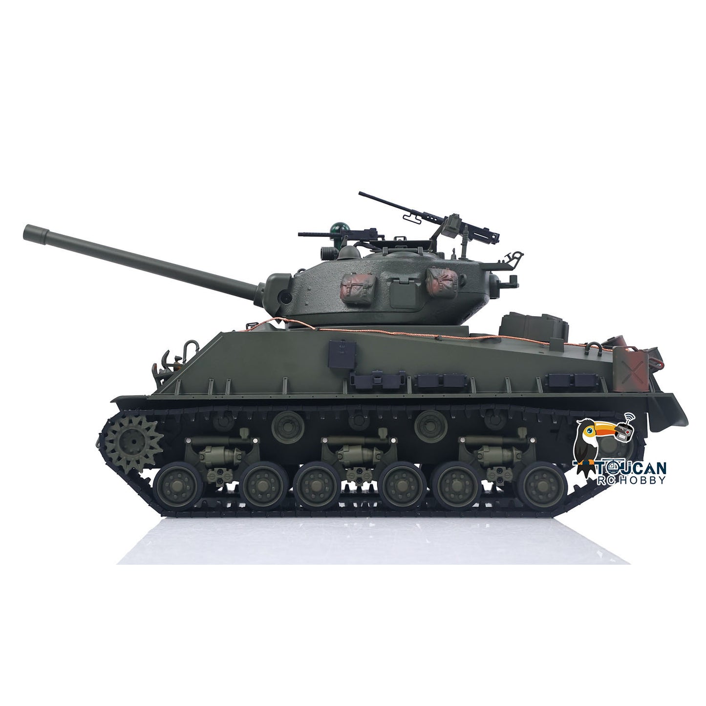 TOUCAN RC HOBBY US Stock RTR 1/16 RC Tank Sherman M4A3E8 IR BB Barrel Elevation Smoking Metal Chassis Tracks Road Wheels Machine Gun 360 Degree Rotation