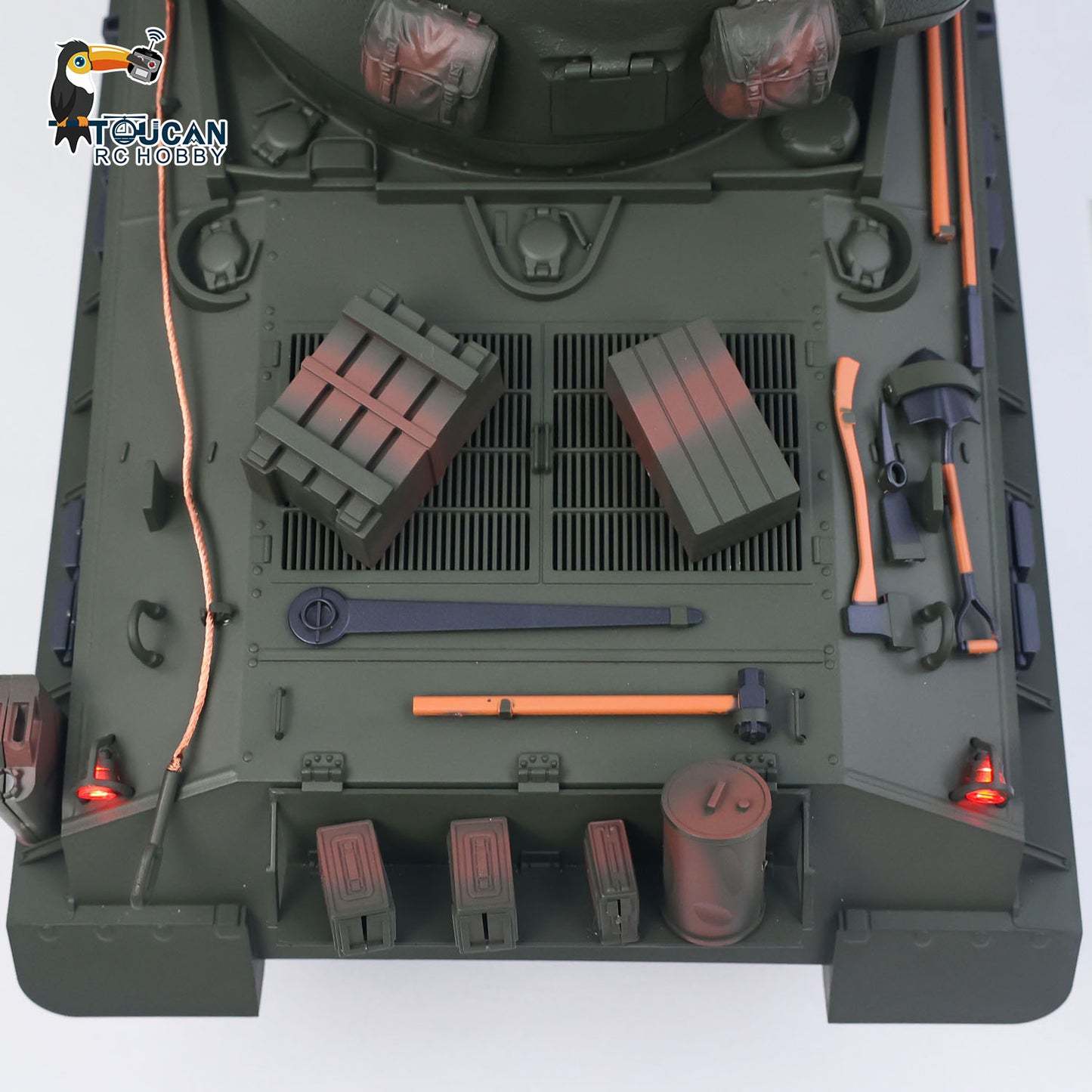 TOUCAN RC HOBBY US Stock RTR 1/16 RC Tank Sherman M4A3E8 IR BB Barrel Elevation Smoking Metal Chassis Tracks Road Wheels Machine Gun 360 Degree Rotation