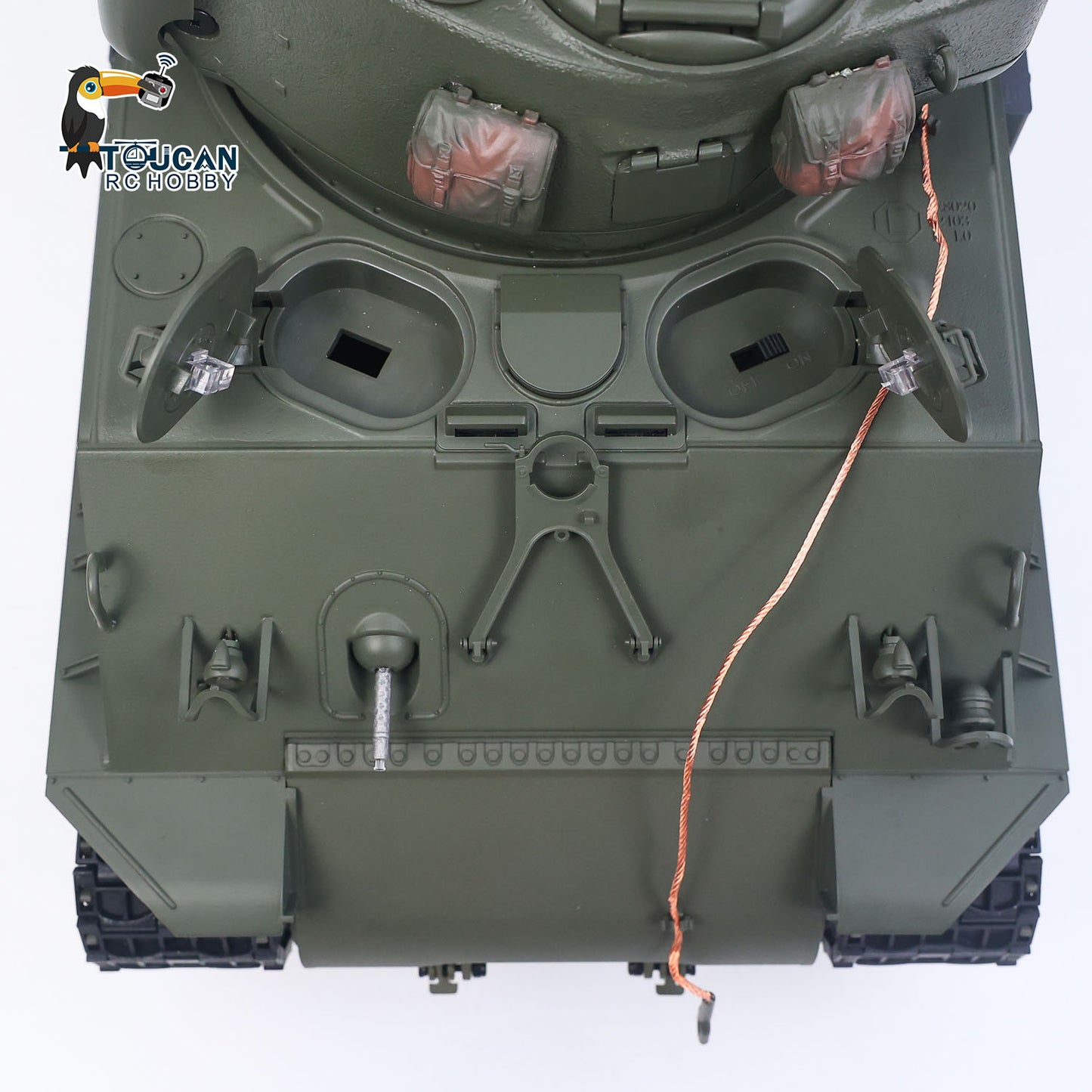 TOUCAN RC HOBBY US Stock RTR 1/16 RC Tank Sherman M4A3E8 IR BB Barrel Elevation Smoking Metal Chassis Tracks Road Wheels Machine Gun 360 Degree Rotation