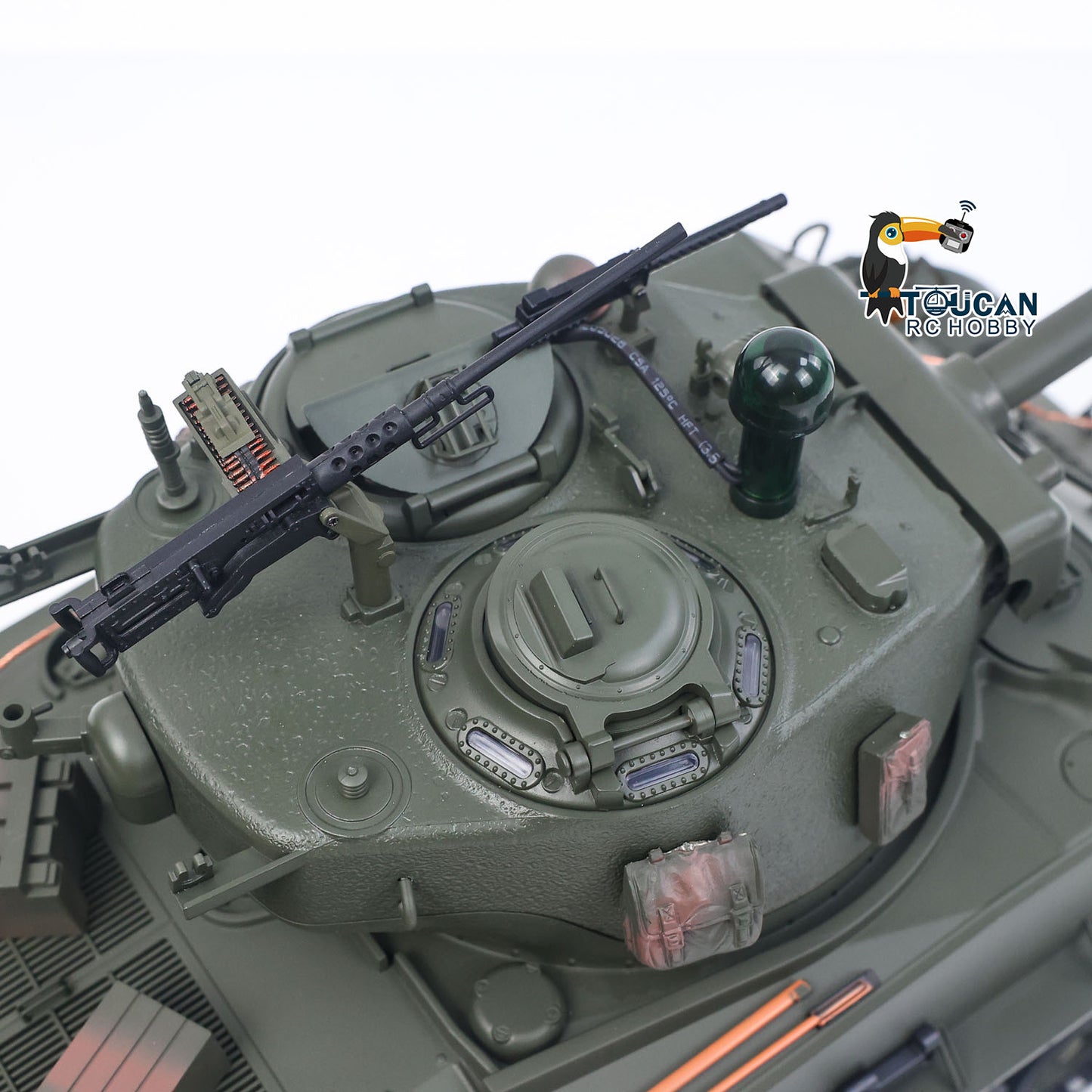 TOUCAN RC HOBBY US Stock RTR 1/16 RC Tank Sherman M4A3E8 IR BB Barrel Elevation Smoking Metal Chassis Tracks Road Wheels Machine Gun 360 Degree Rotation