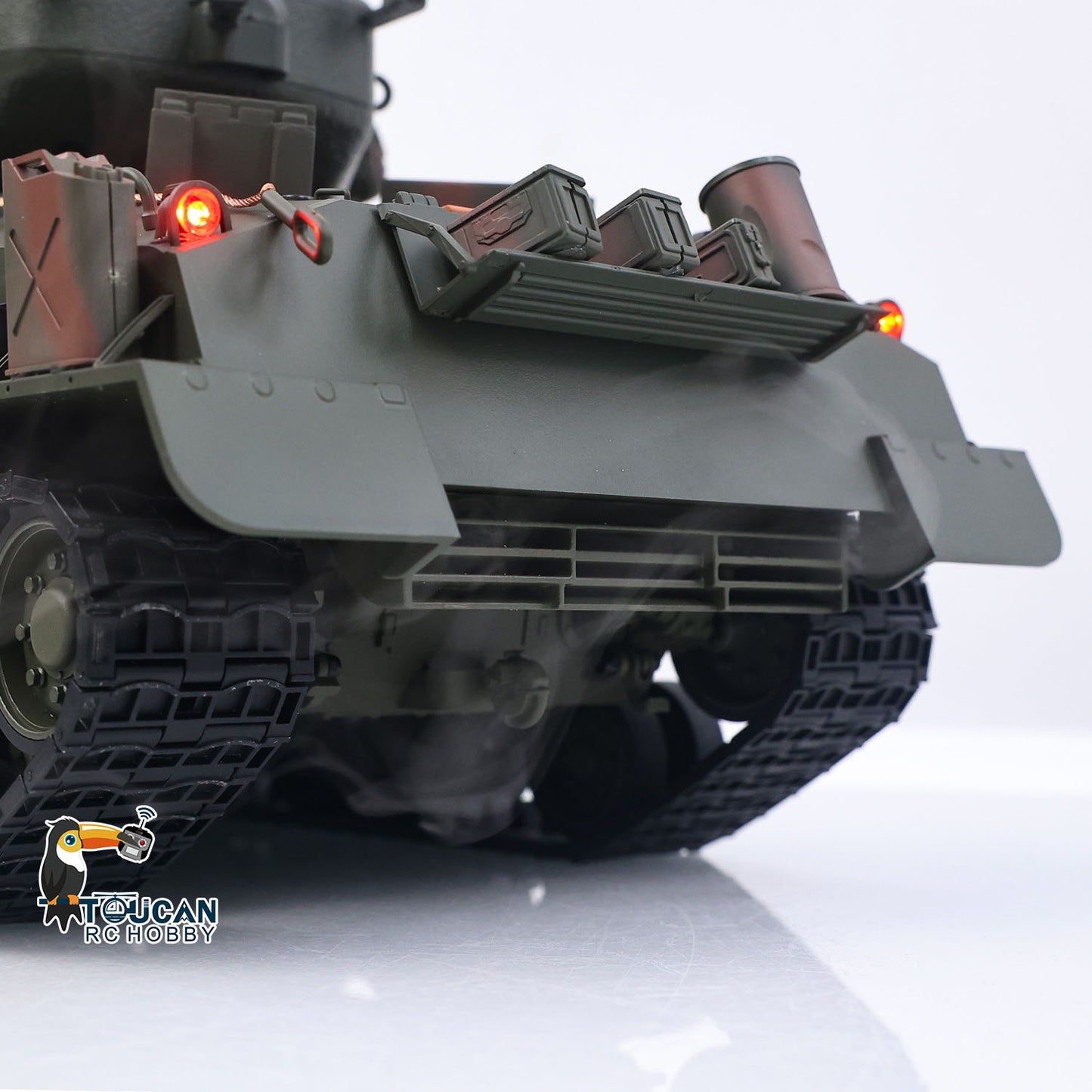 TOUCAN RC HOBBY US Stock RTR 1/16 RC Tank Sherman M4A3E8 IR BB Barrel Elevation Smoking Metal Chassis Tracks Road Wheels Machine Gun 360 Degree Rotation
