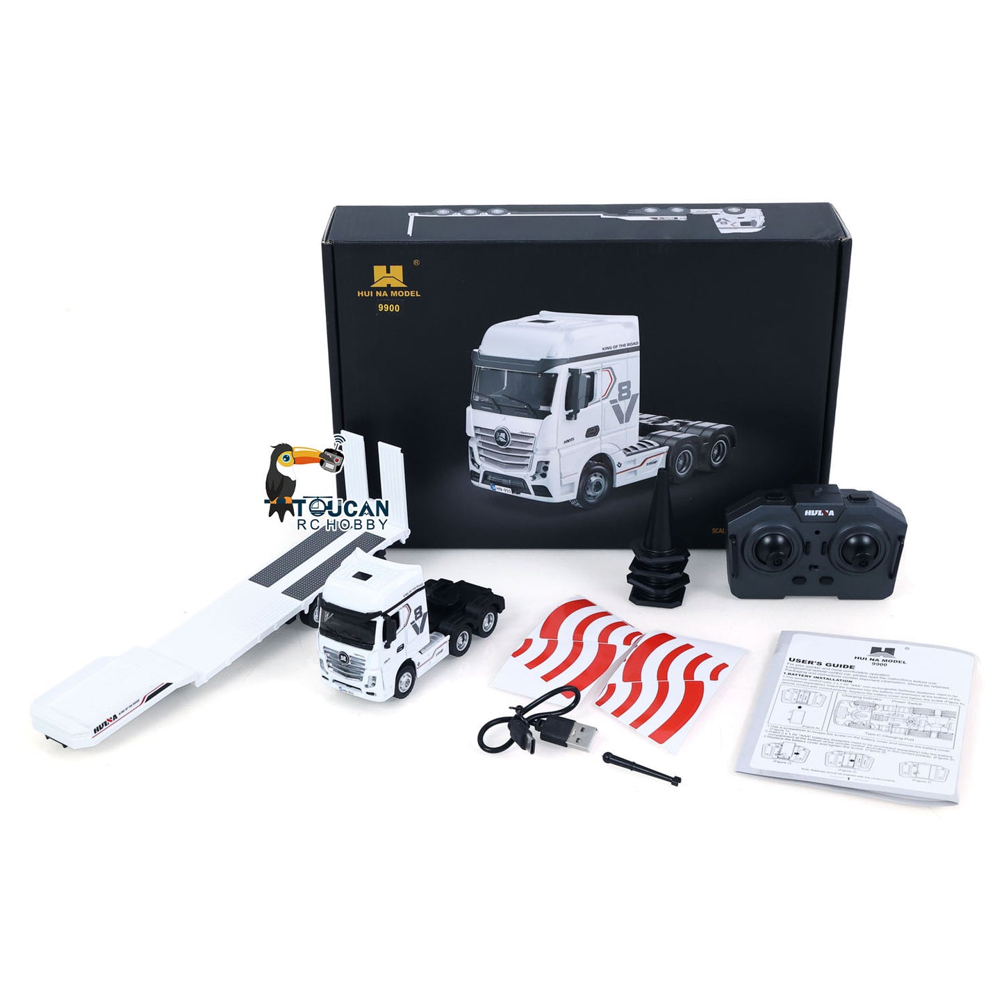 HUINA 9900 1/64 Plastic Remote Control Tractor Truck W/ 3Axle Plastic Semi Flatbed Trailer Lights Sound Effect Manual Support Legs