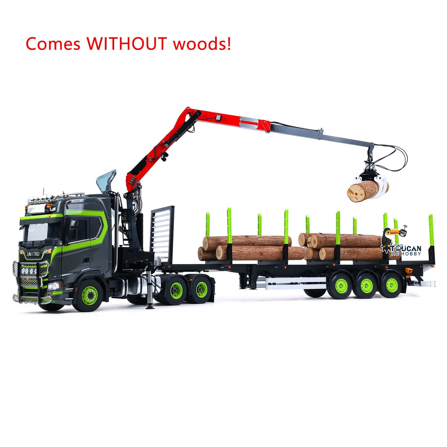 Toucan 1/14 6x6 RC Metal Tractor Truck 3-axle Hydraulic Crane Logging Trailer Light Sound Smoke System Customized Lorry Vehicle for Model Collector