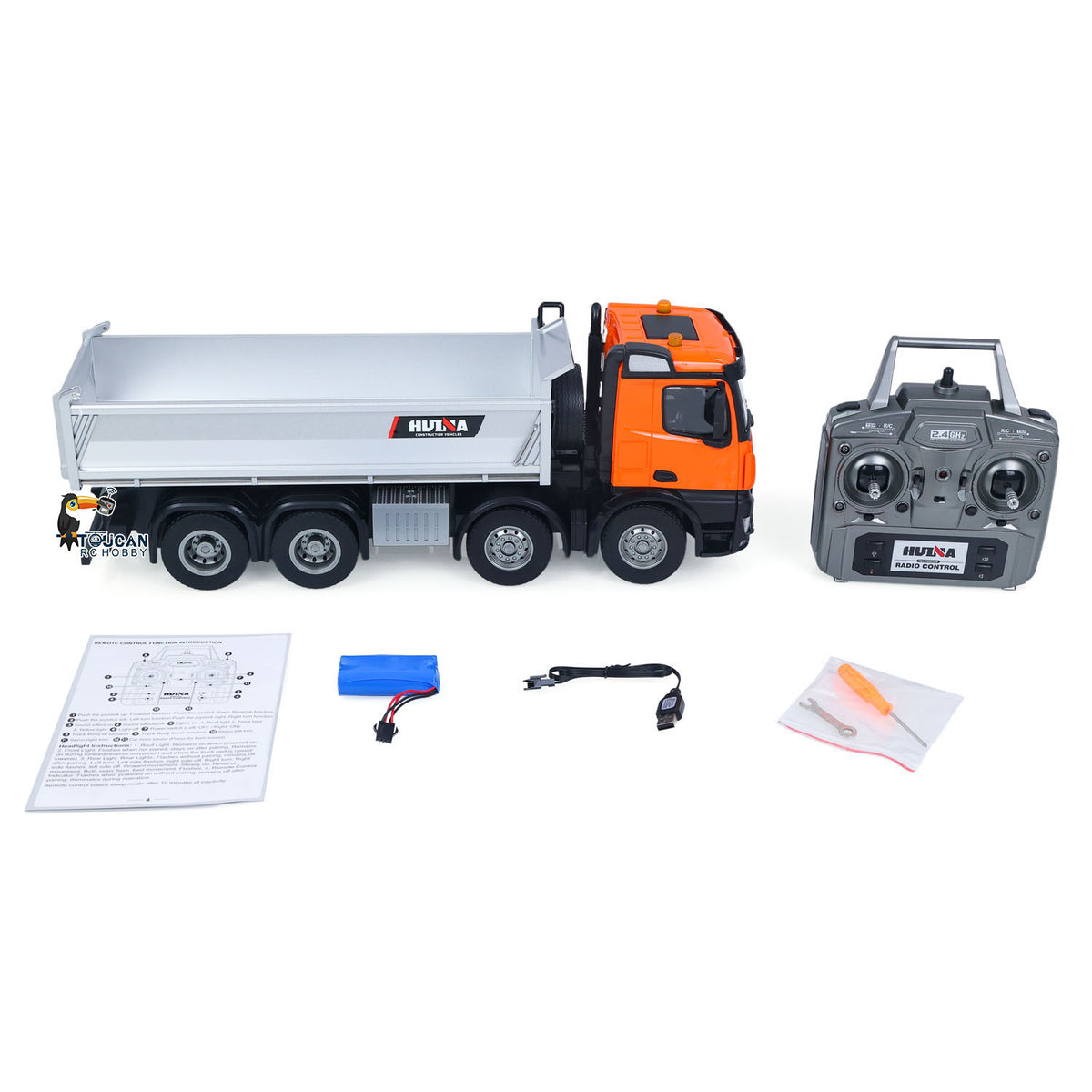 TOUCAN RC HOBBY HUINA 1/14 Metal Remote Control Dump Truck 1536-1 8X8 Electric Lifting RC Tipper Finished Model RTR Light Sound Effects Battery