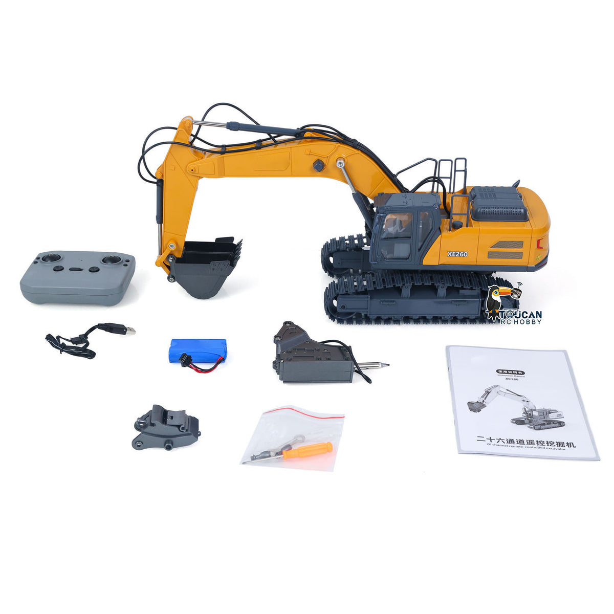 TOUCAN RC HOBBY HUINA 1/18 Electric RC Excavator XE1260 Remote Control Digger RTR 300 Degree Rotation Finished Model Metal Bucket Light Sound