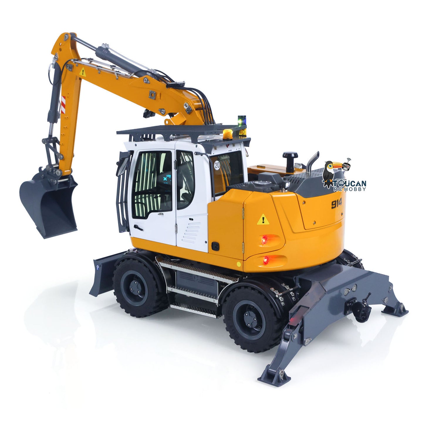 CUTModel LR914 1/14 Metal RC Hydraulic Wheel Excavator RTR 3 Arms 8-Way Valve Digger PL18EV Lite Controller Manual Quick Coupler Light & Sound System Cabin Guard Rail Tail hook for Model Collectors