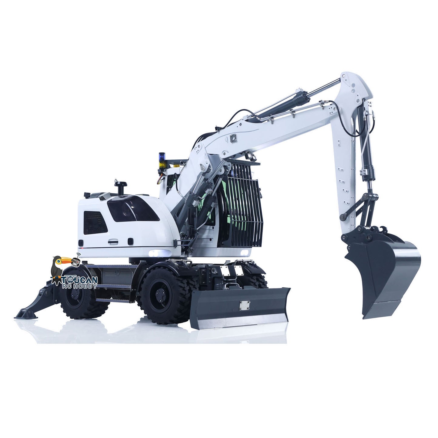 Big Discount 1:14 Metal RC Hydraulic Wheeled Excavator LR914 4*4 3-arms Digger Engineering Vehicle RTR Axle Lock Upgrade Brushless Motor 8-ways Valve PL18EV Lite Radio Controller Light Sound