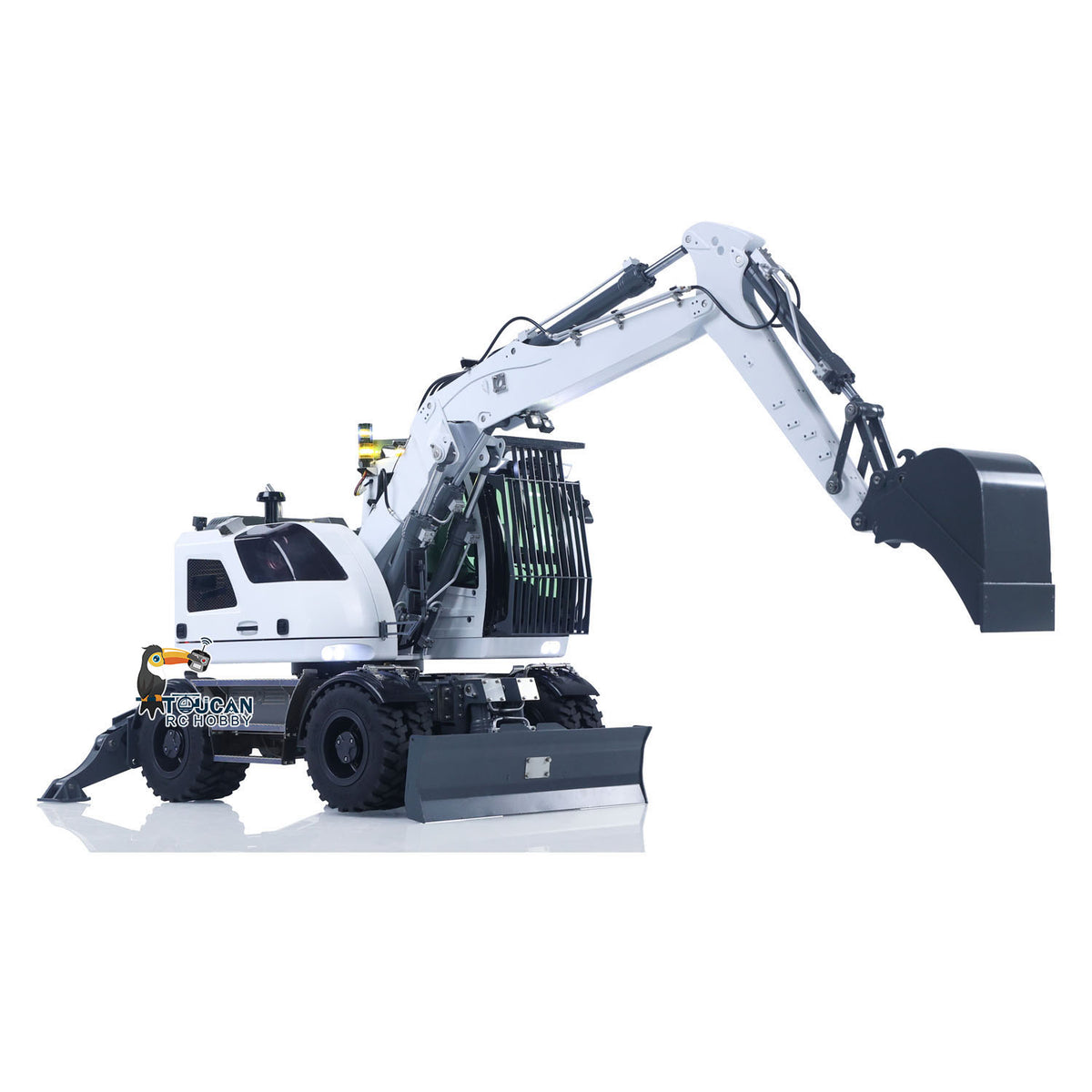 TOUCAN RC HOBBY CUTModel LR914 1/14 Metal RC Hydraulic Wheel Excavator RTR 3 Arms 8-Way Valve Digger PL18EV Lite Controller Manual Quick Coupler Light & Sound System Cabin Guard Rail Tail hook for Model Collectors