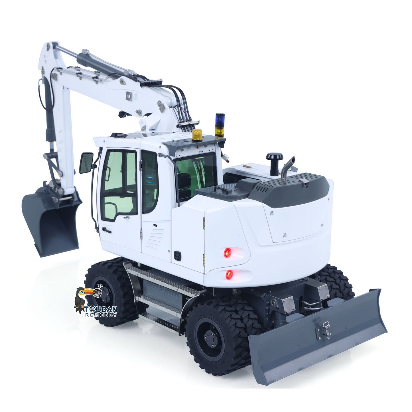 CUT Model LR914 1/14 Metal RC Hydraulic Wheel Excavator RTR 7-Way Valve 4x4 Differential Lock Warning Light Sound Quick Release Coupler LCD Display for Digger Collectors