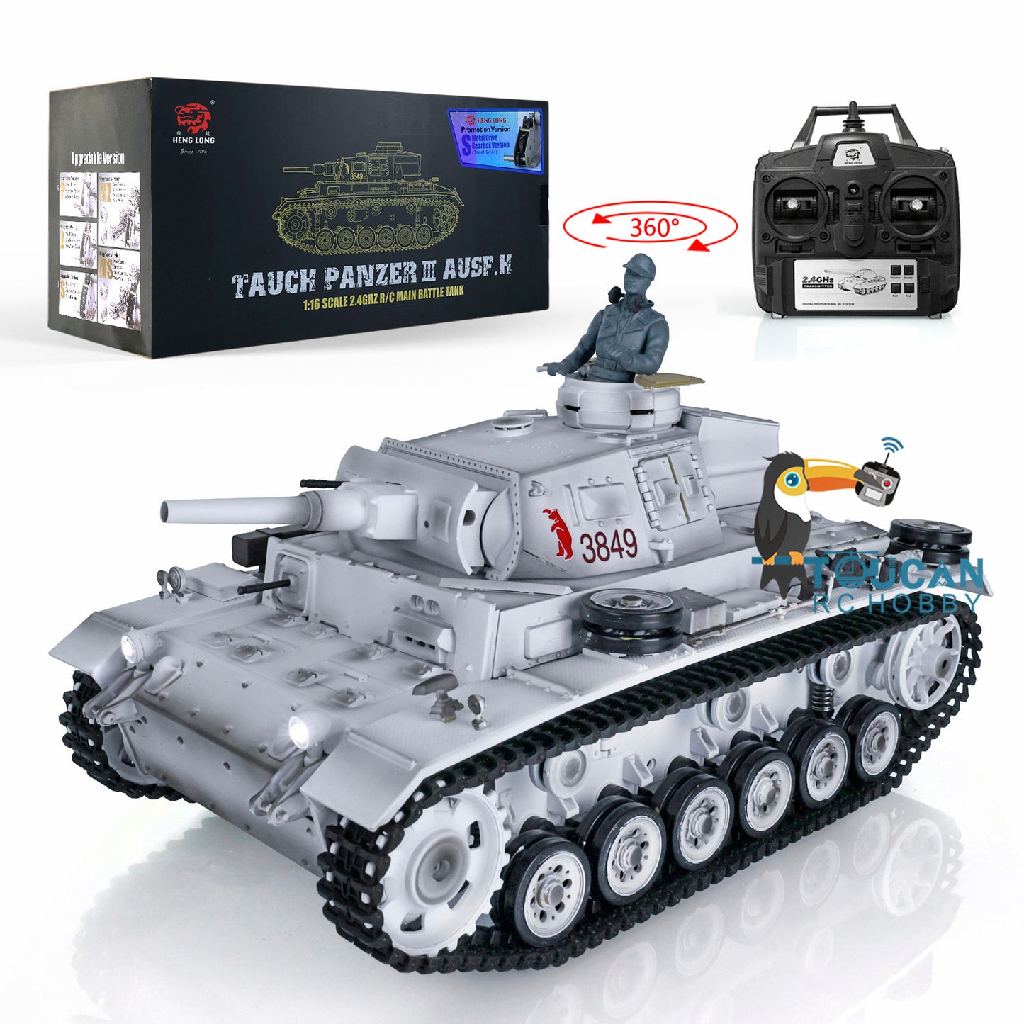Henglong 1/16 Snow 7.0 Customized Panzer III H RTR RC Tank 3849 Metal Wheels Tracks Barrel Radio Controller 360 Degree Turret Rotation Infrared Combating Transmitter Receiver