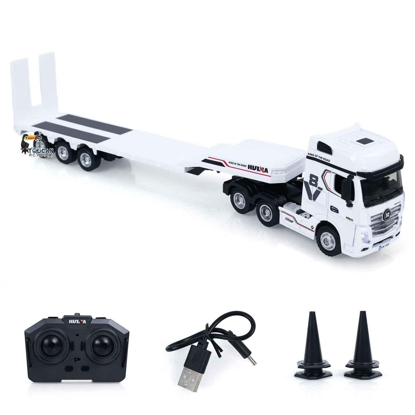 US Stock TOUCAN RC HOBBY RTR HUINA 9900 1/64 Remote Control Tractor Truck W/ 3Axle Plastic Semi Flatbed Trailer Lights Sound Effect Manual Support Legs