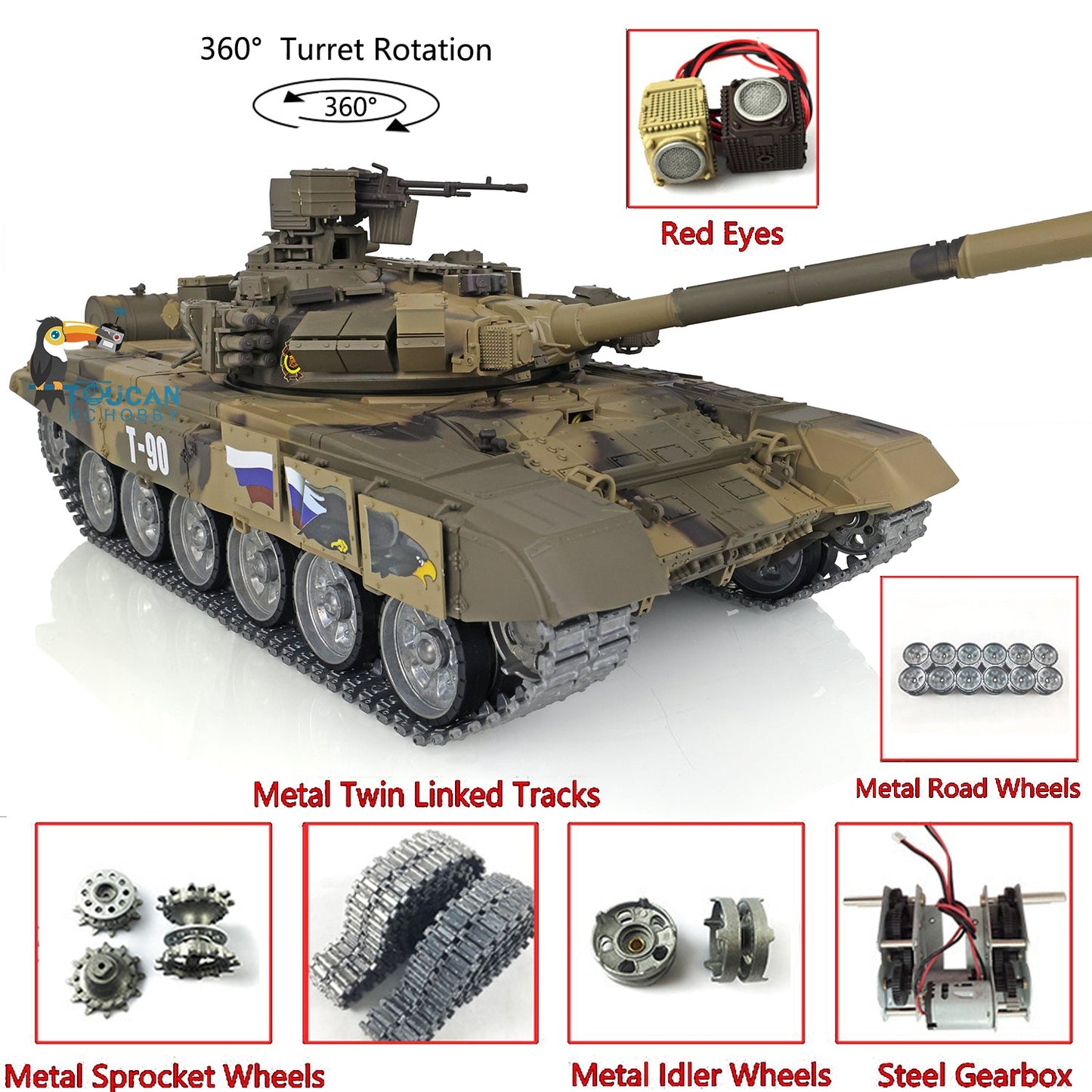 TOUCAN RC HOBBY Henglong 1/16 TK7.0 Profession Russian T90 3938 RTR RC Tank 360 Degrees Turret Red Eyes Smoke BB IR Metal Track Sprockets Idlers Road Wheels