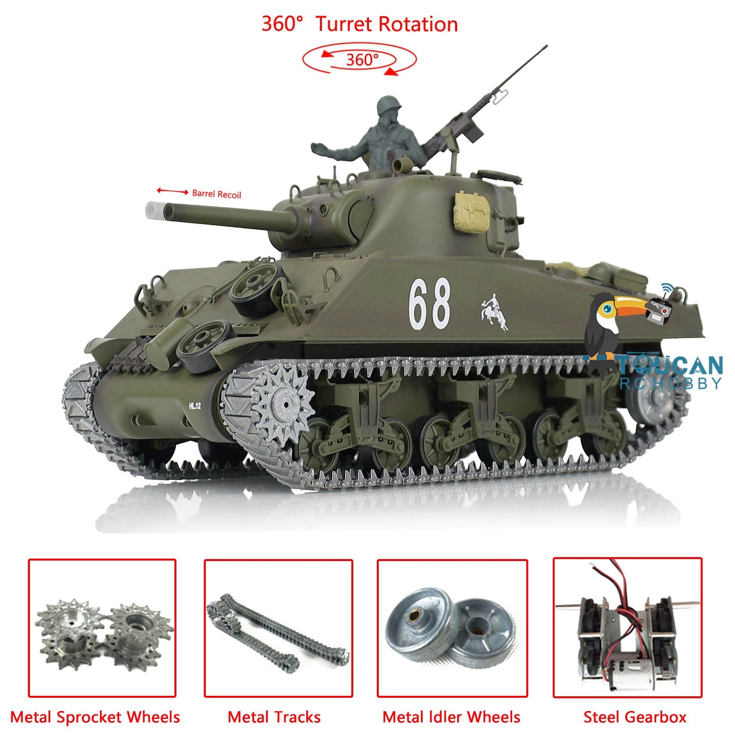 TOUCAN RC HOBBY Henglong 1/16 TK7.0 3898 USA M4A3 Sherman RTR RC Tank Barrel Recoil Smoke 360 Degrees Turret BB IR Metal Tracks Gearbox Drive Idler Wheels
