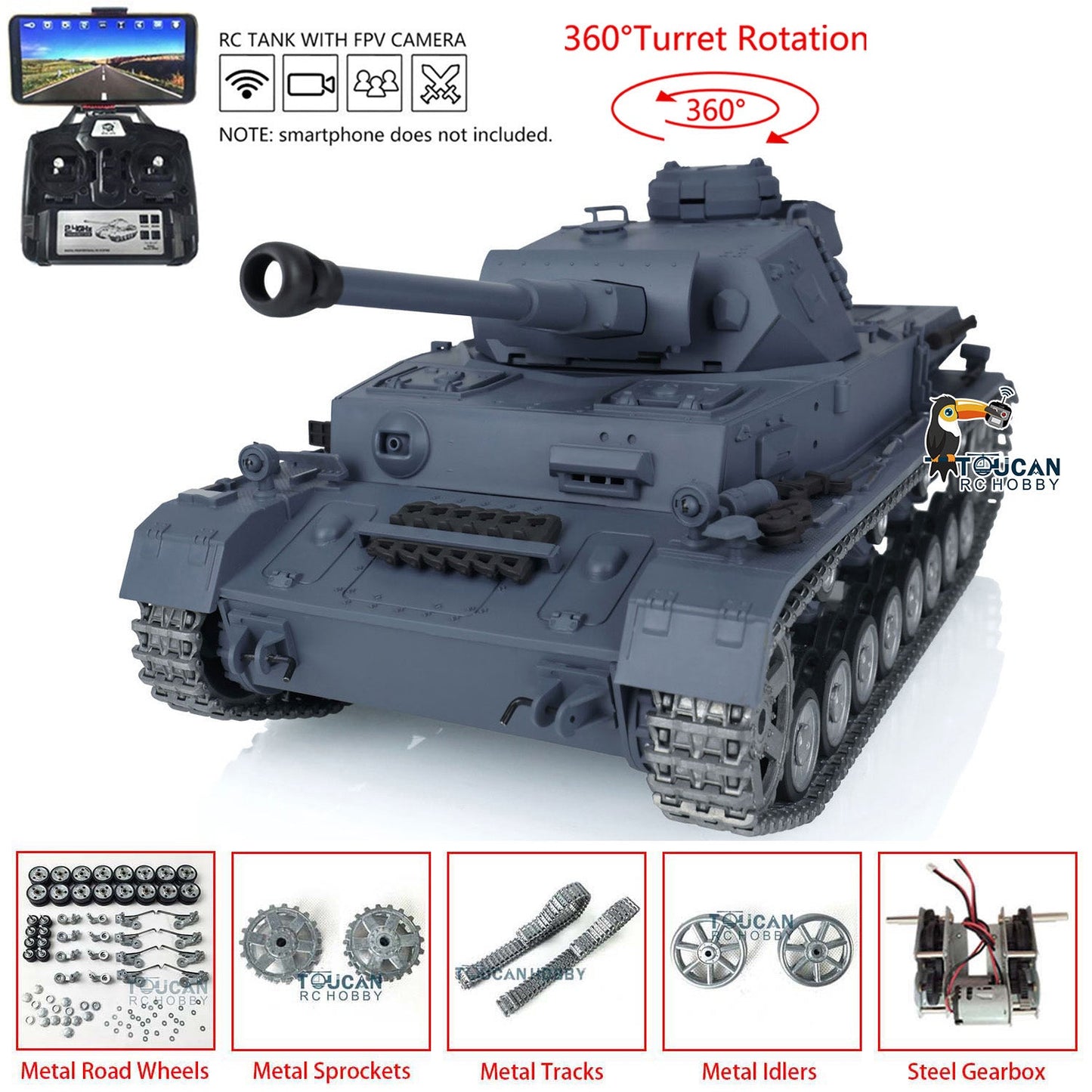 TOUCAN RC HOBBY Henglong 1/16 TK7.0 Profession German Panzer IV F2 F RTR RC Tank 3858 3859 360 Degrees Turret FPV IR BB Smoke Metal Tracks Sprockets Idlers Road Wheels Gearbox
