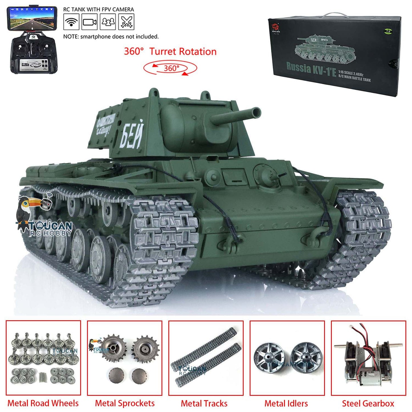 TOUCAN RC HOBBY Heng Long TK7.0 1/16 T72 3939 Soviet Union KV-1 3878 RC Tank FPV 360 Degree Turret BB IR Metal Barrel Tracks Drive Idler Road Wheels