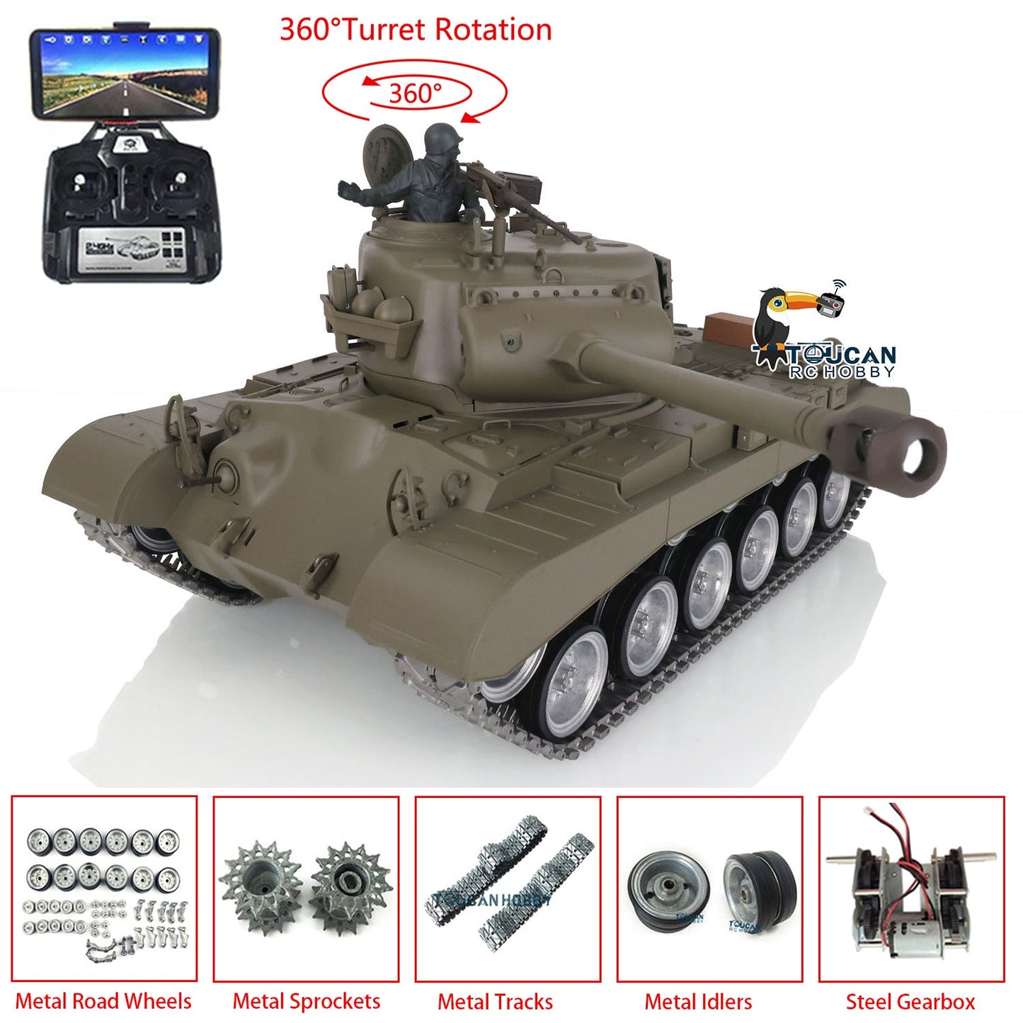 TOUCAN RC HOBBY Henglong 1/16 TK7.0 Customized USA M26 Pershing 3838 RTR RC Tank FPV BB IR 360 Degrees Turret Smoke Metal Tracks Drive Road Idlers Wheels Gearbox