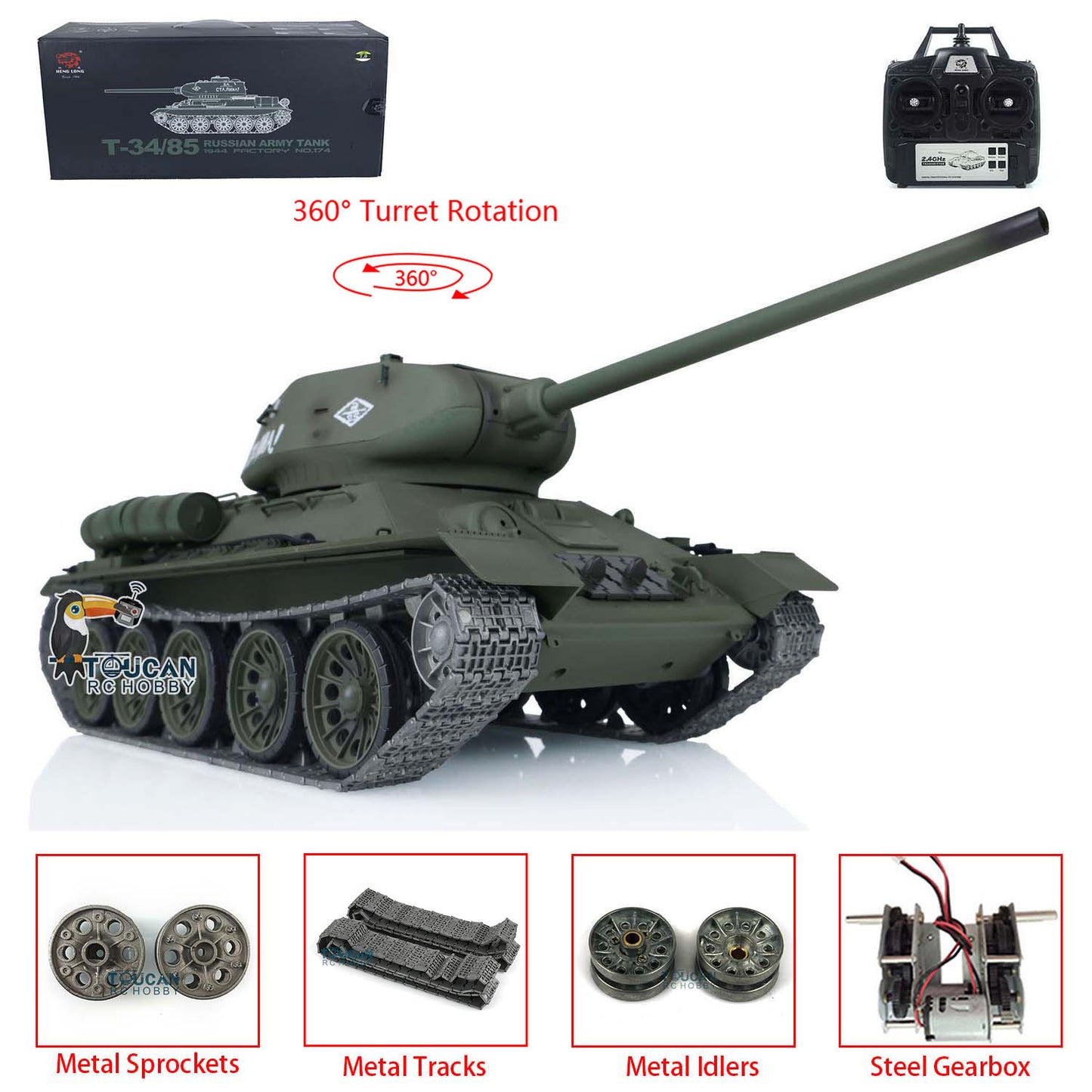 2.4Ghz Henglong 1:16 7.0 Upgraded Soviet T34-85 RTR RC Tank 3909 360Degrees Turret Electric Model Metal Tracks Sprockets