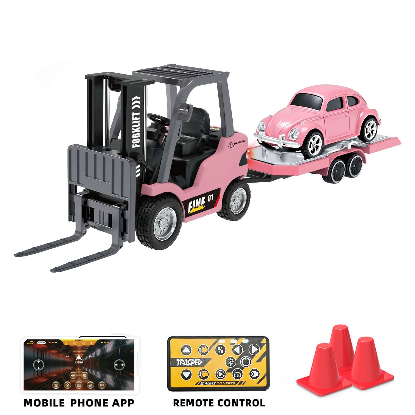 1/64 2.4GHz Remote Control Forklift Half Alloy RC Vehicle Light Sound Effect W/ Mini Trailer Car Tabletop Model Collection