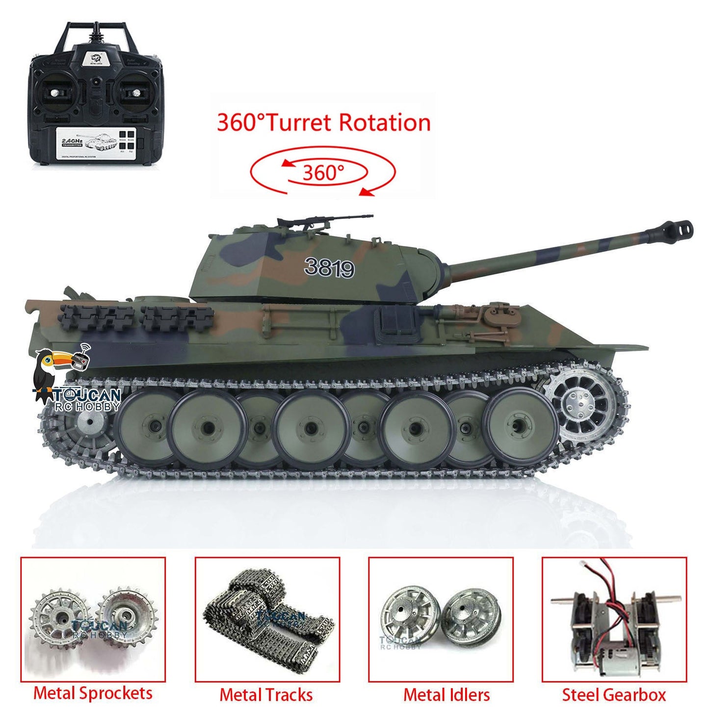 TOUCAN RC HOBBY Henglong 1/16 TK7.0 Promotion 3819 German Panther V RTR RC Tank IR BB 360 Degrees Turret Smoke Metal Tracks Sprockets Idlers Wheels Gearbox