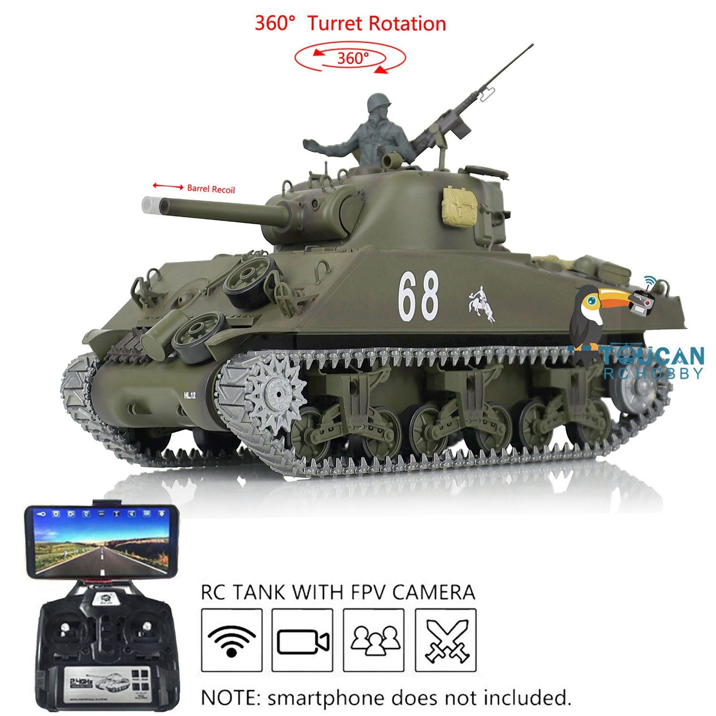 TOUCAN RC HOBBY Henglong 1/16 TK7.0 USA M4A3 Sherman 3898 RTR RC Tank FPV Barrel Recoil 360 Degrees Turret BB IR Smoke Metal Tracks Sprockets Idlers Wheels