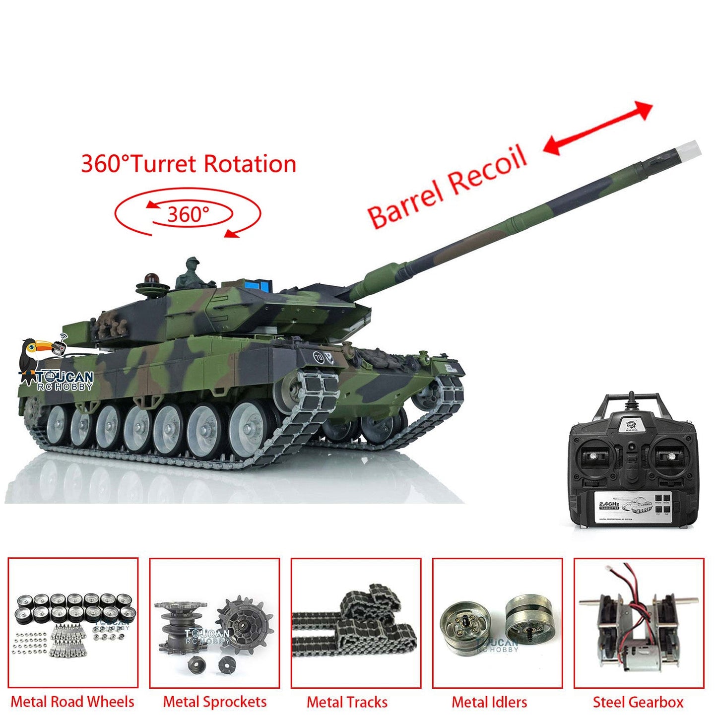 TOUCAN RC HOBBY Henglong 1/16 TK7.0 Leopard2A6 RTR RC Tank 3889 with Barrel Recoil BB IR Smoke Metal Single Rubber Tracks Gearbox Sprockets Idlers Road Wheels