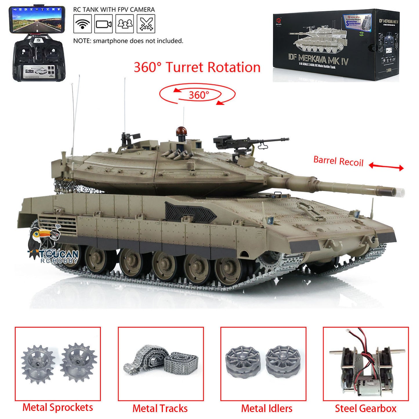 1:16 Heng Long 3958 RC Main Battle Tank IDF Merkava MK IV FPV Upgrade Edition W/ Metal Tracks 360 Rotating Barrel Recoil