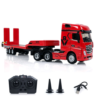 HUINA 9900 1/64 Plastic Remote Control Tractor Truck W/ 3Axle Plastic Semi Flatbed Trailer Lights Sound Effect Manual Support Legs