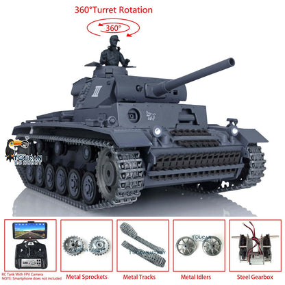 TOUCAN RC HOBBY Henglong 1/16 TK7.0 Promotion German Panzer III L RTR RC Tank 3848 FPV 360 Degrees Turret IR BB Smoke Metal Barrel Idlers Sprockets Wheels Tracks Gearbox