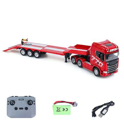 TOUCAN RC HOBBY US Stock HUINA 770S 1/24 Remote Control Tractor Truck W/ Light Sound System Manual Support Legs Tail Board 3Axle Semi Flatbed Trailer
