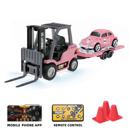 1/64 2.4GHz Remote Control Forklift Half Alloy RC Vehicle Light Sound Effect W/ Mini Trailer Car Tabletop Model Collection Gift