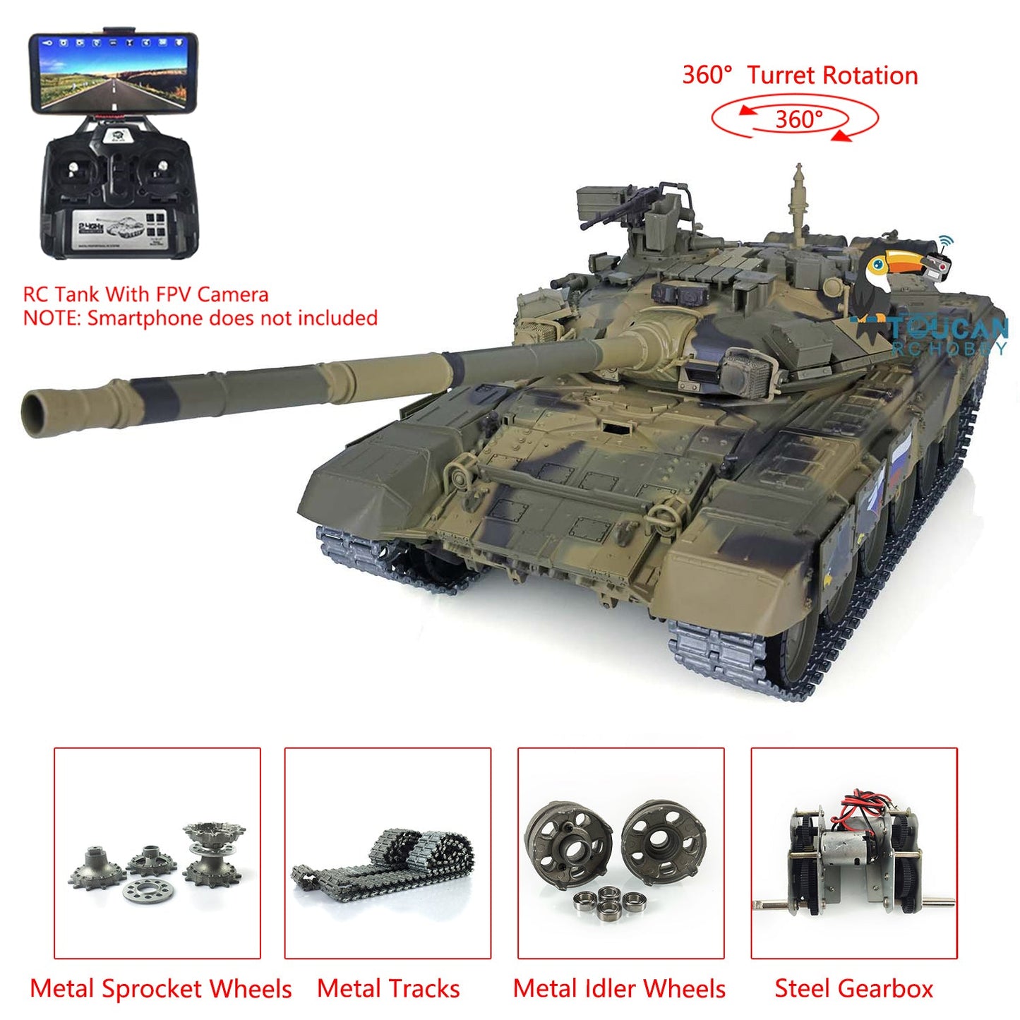 TOUCAN RC HOBBY Henglong 1/16 TK7.0 Plastic Russian T90 RTR RC Tank 3938 with Steel Gearbox Metal Barrel Recoil 360 Degrees Turret BB Unit Infrared Combat