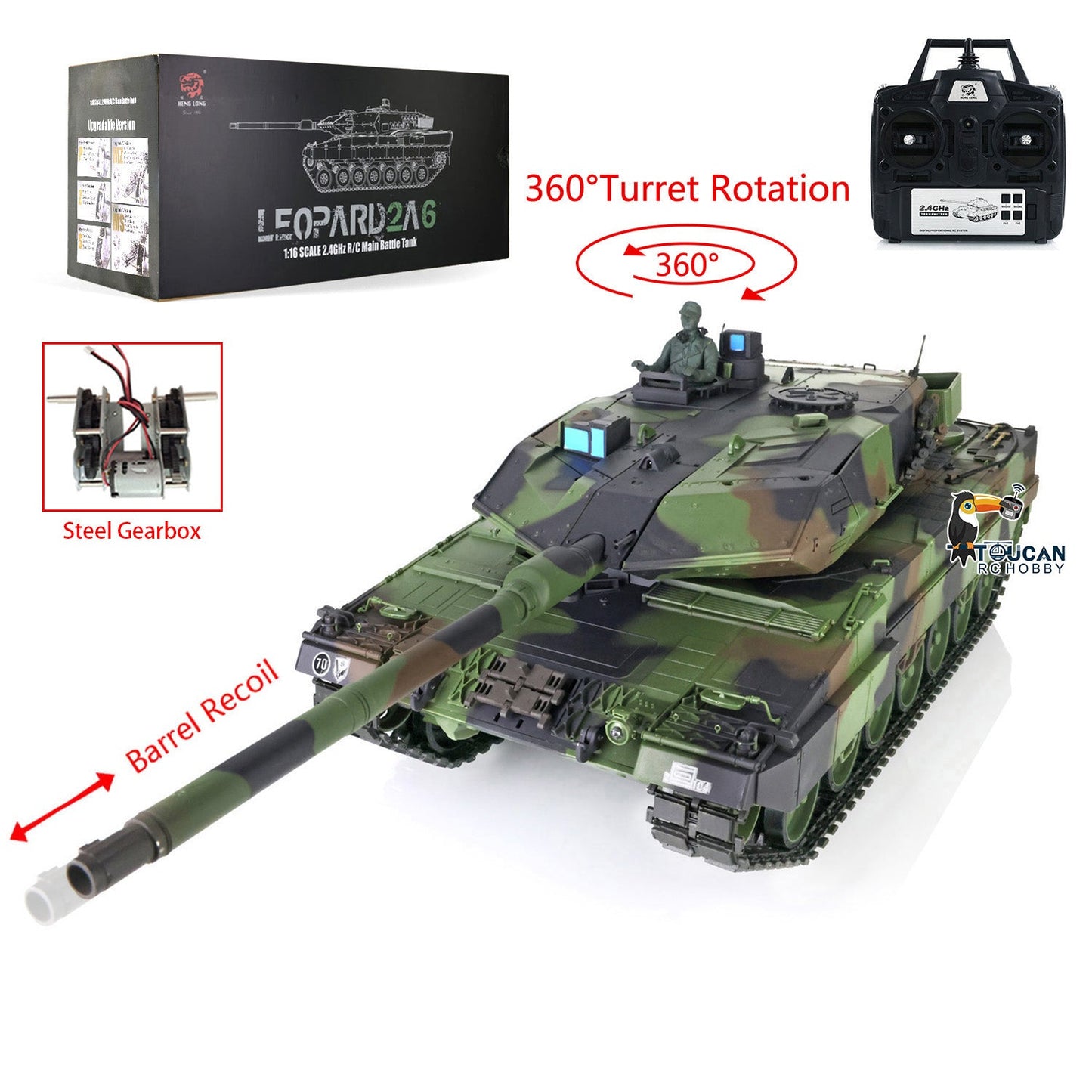TOUCAN RC HOBBY Henglong 1/16 TK7.0 Plastic RTR RC Tank 3889 German Leopard2A6 with BB Infrared Combat Barrel Recoil 360 Degrees Turret Smoke Steel Gearbox