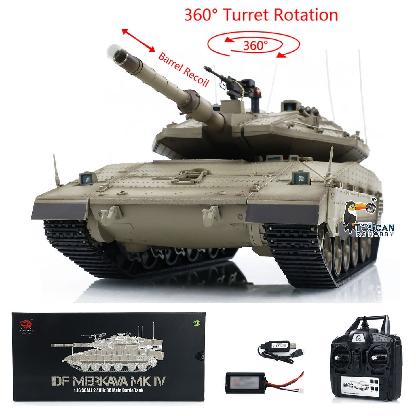 In Stock Heng Long 1/16 RC Battle Tank IDF Merkava MK IV 3958 Turret 360 Degree Rotating Barrel Recoil Radio Controlled Model