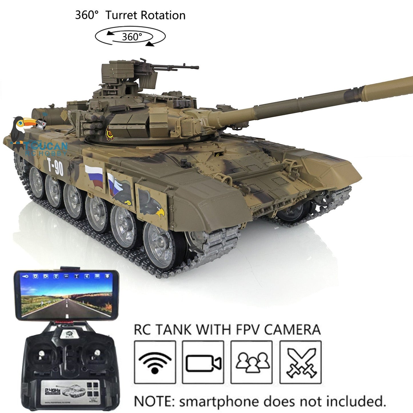 TOUCAN RC HOBBY Henglong 1/16 TK7.0 Profession 3938 Russian T90 RTR RC Tank FPV 360 Degrees Turret IR BB Smoke Metal Sprockets Idlers Road Wheels