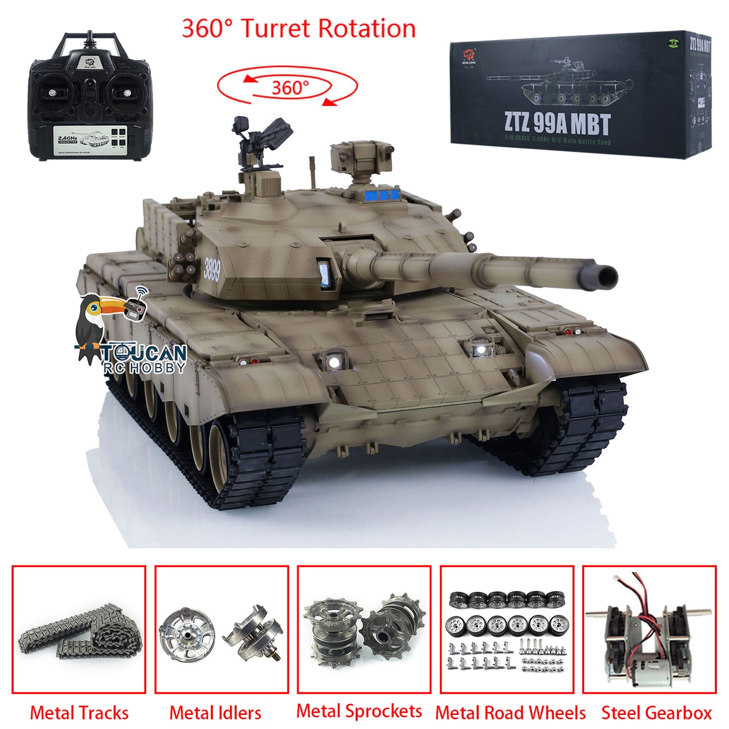 Henglong 1/16 Scale 7.0 99A RC Tank 3899A Radio Controlled Armored Car Model Military Panzer 360 Turret Metal Tracks W/ Linkages