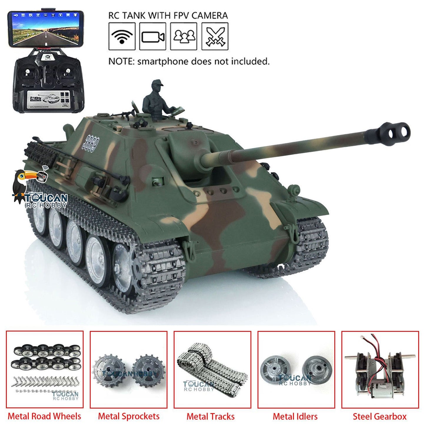 TOUCAN RC HOBBY Henglong 1/16 TK7.0 Profession German Jadpanther RTR RC Tank 3869 FPV Smoke Infrared Combat BB Unit Metal Sprockets Idlers Road Wheels Tracks