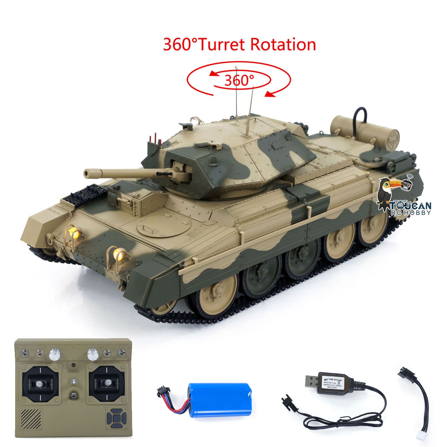 CoolBank 1/16 Radio Control Tank Crusader MK III 360 Degre Turret Rotation Barrel Recoil Elevation Light Sound Smoke System