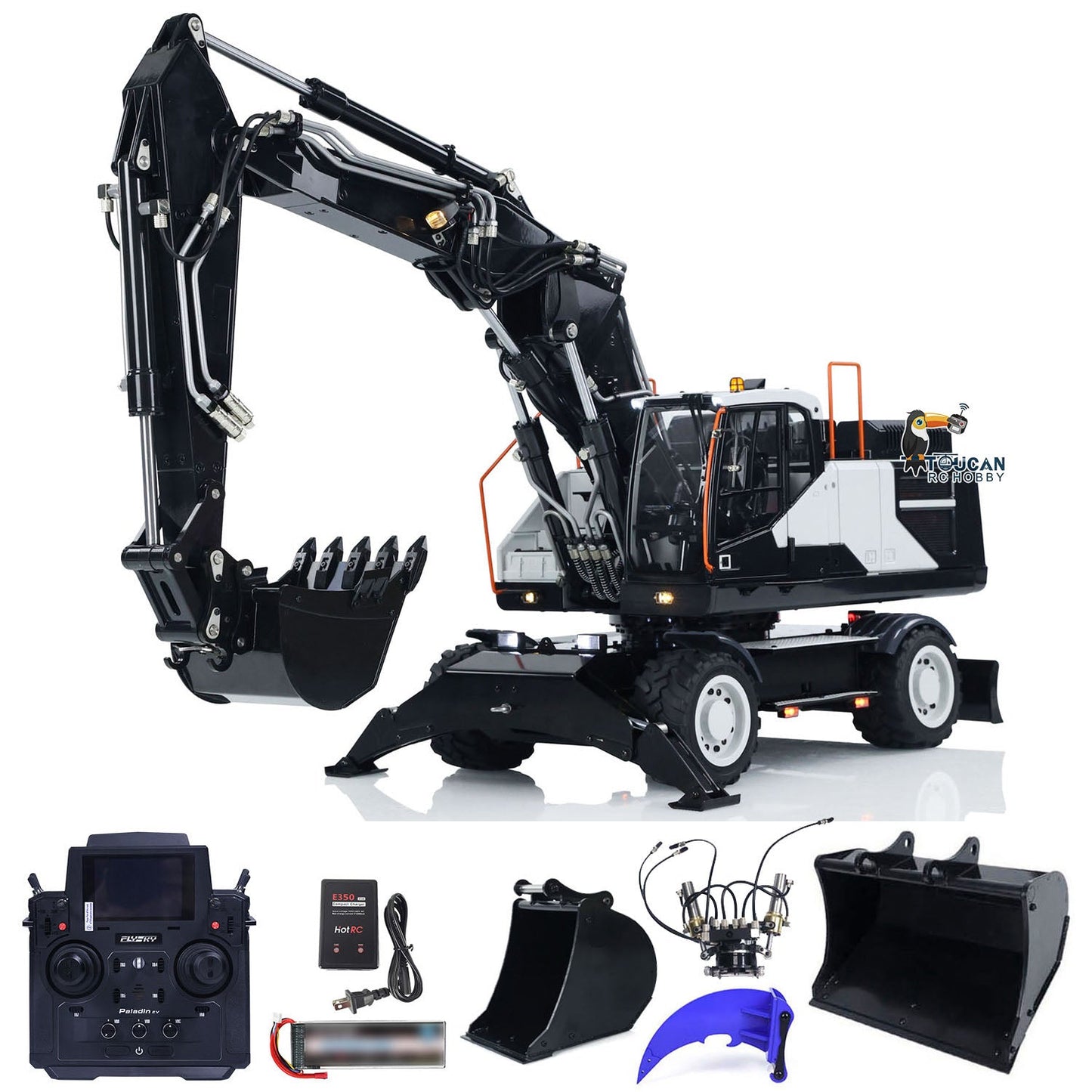 EC380 1/14 RC Hydraulic Excavator Wheeled Construction Vehicle 3-arm Remote Control Diggers Model Grab Tiltable Clamshell Bucket