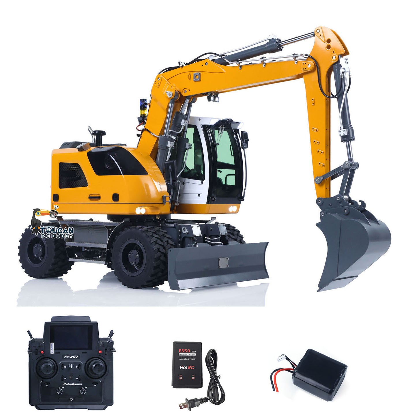 CUT Model LR914 1/14 Metal RC Hydraulic Wheel Excavator RTR 7-Way Valve 4x4 Differential Lock Warning Light Sound Quick Release Coupler LCD Display for Digger Collectors