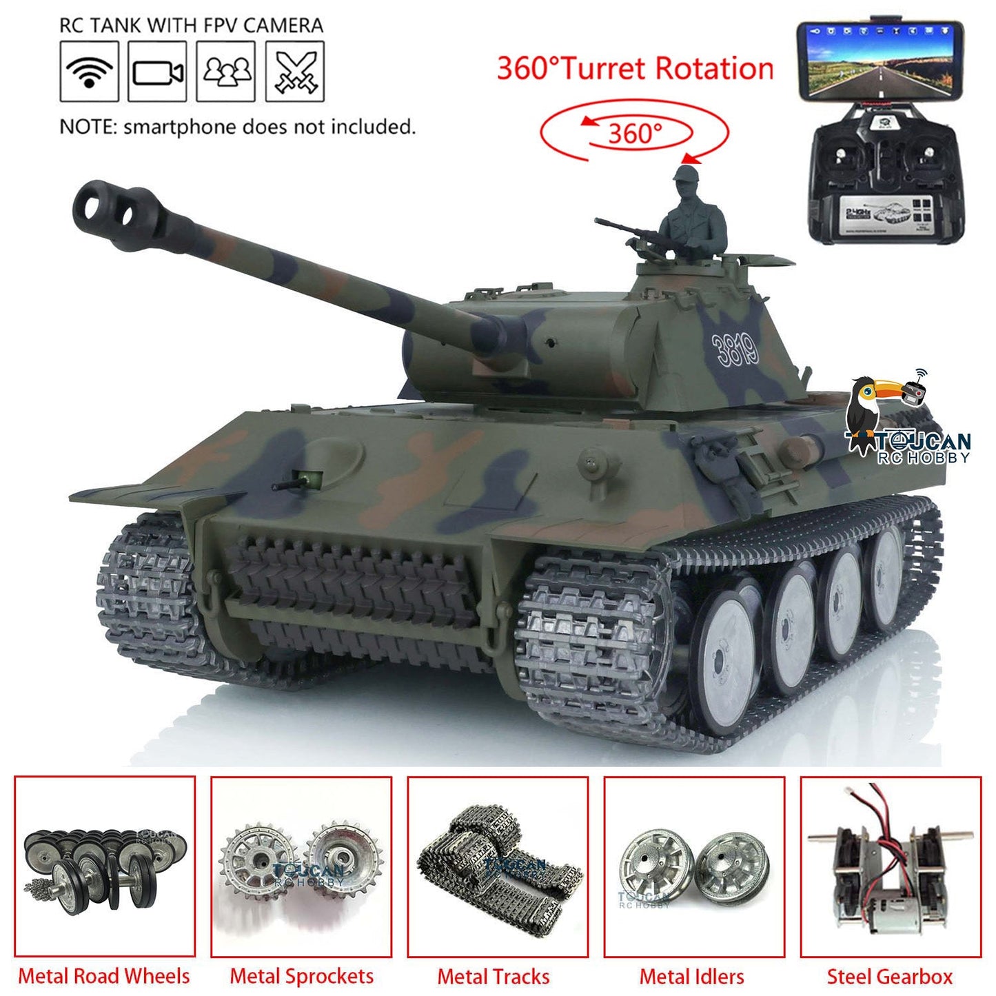 TOUCAN RC HOBBY Henglong 1/16 TK7.0 German Panther RTR RC Tank 3819 FPV 360 Degrees Turret BB IR Smoke Metal Barrel Tracks Sprockets Idlers Road Wheels
