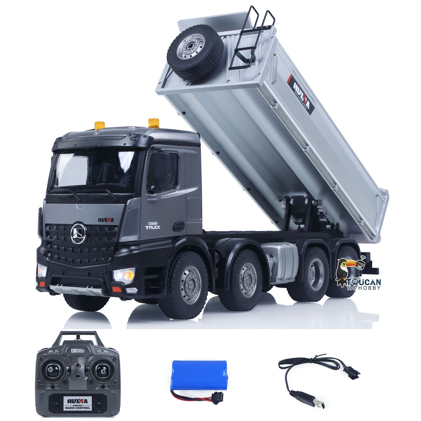 In Stock HUINA 1/14 Remote Control Dump Truck 12CH RC Tipper Finished Model Toy Gift RTR Light Sound Effects Radio USB Charging Cable