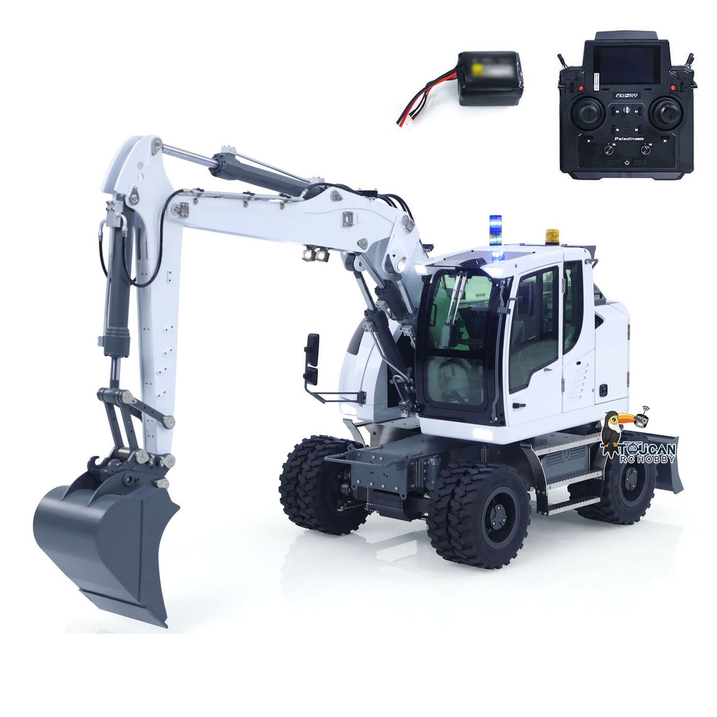 CUT Model LR914 1/14 Metal RC Hydraulic Wheel Excavator RTR 7-Way Valve 4x4 Differential Lock Warning Light Sound Quick Release Coupler LCD Display for Digger Collectors