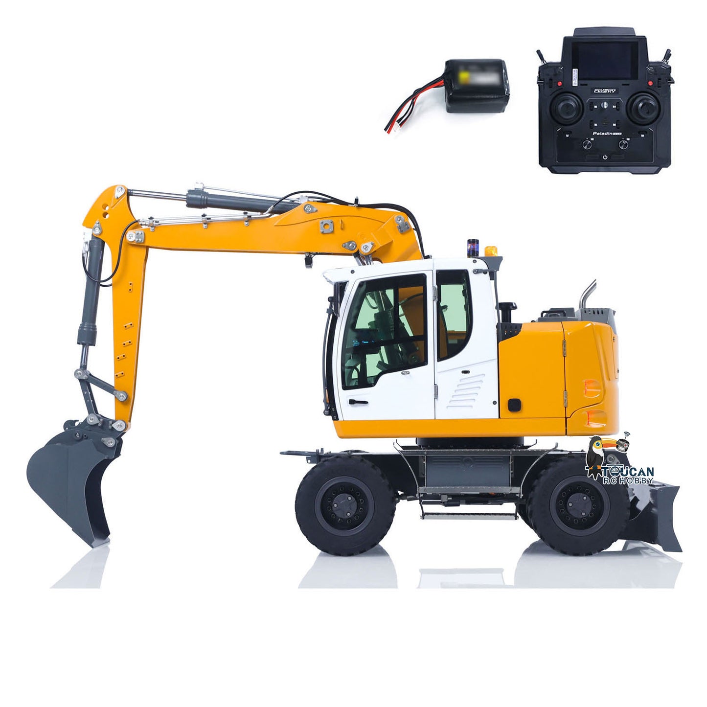 CUT Model LR914 1/14 Metal RC Hydraulic Wheel Excavator RTR 7-Way Valve 4x4 Differential Lock Warning Light Sound Quick Release Coupler LCD Display for Digger Collectors