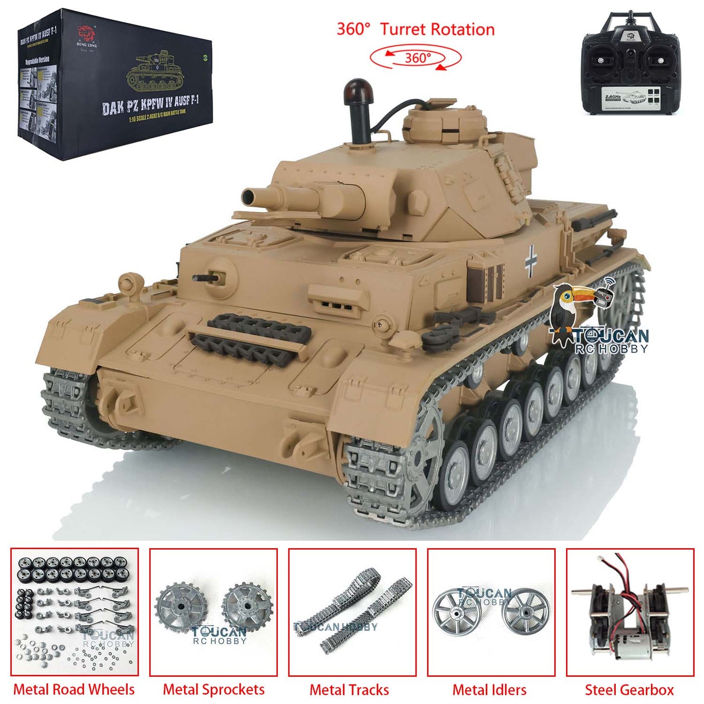 Henglong 7.0 1/16 Radio Tank 3858 German Panzer IV F RC Tank w/ 360Degrees Rotating Turret Metal Road Wheels Tracks IR System Battle