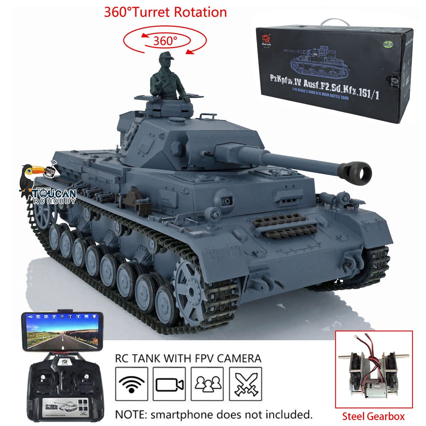TOUCAN RC HOBBY Henglong 1/16 Plastic TK7.0 3858/3859 German Panzer IV F2 F RTR RC Tank FPV Infrared Comkbat 360 Degrees Turret Smoke BB Steel Driving Gearbox Metal Barrel