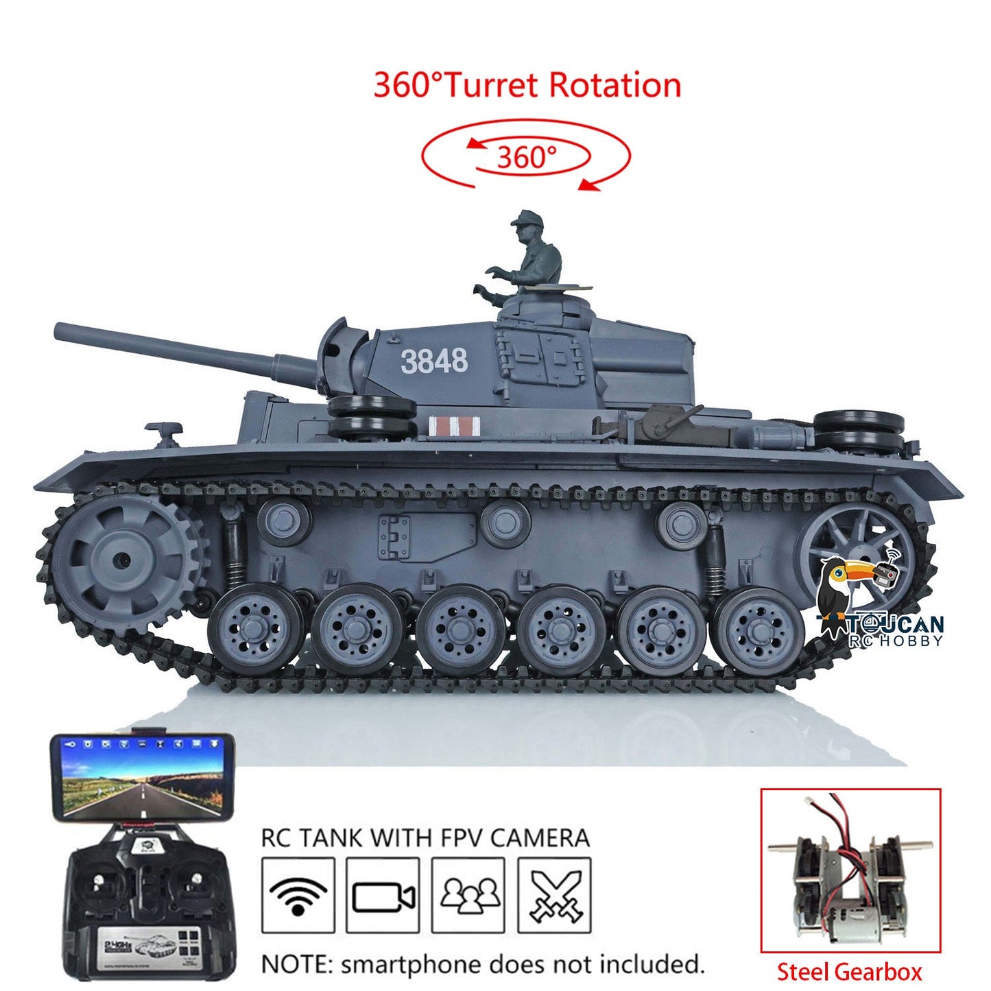 TOUCAN RC HOBBY Henglong 1/16 Plastic 7.0 3848 3849 Panzer III H L RC Tank FPV 360 Degree Turret Infrared System BB Smoke Steel Driving Gearbox Metal Barrel