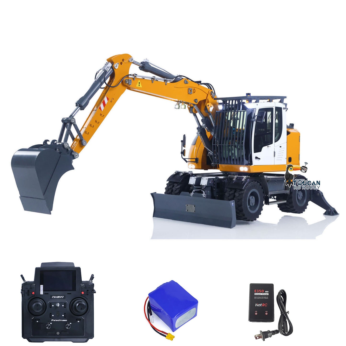 CUTModel LR914 1/14 Metal RC Hydraulic Wheel Excavator RTR 3 Arms 8-Way Valve Digger PL18EV Lite Controller Manual Quick Coupler Light & Sound System Cabin Guard Rail Tail hook for Model Collectors