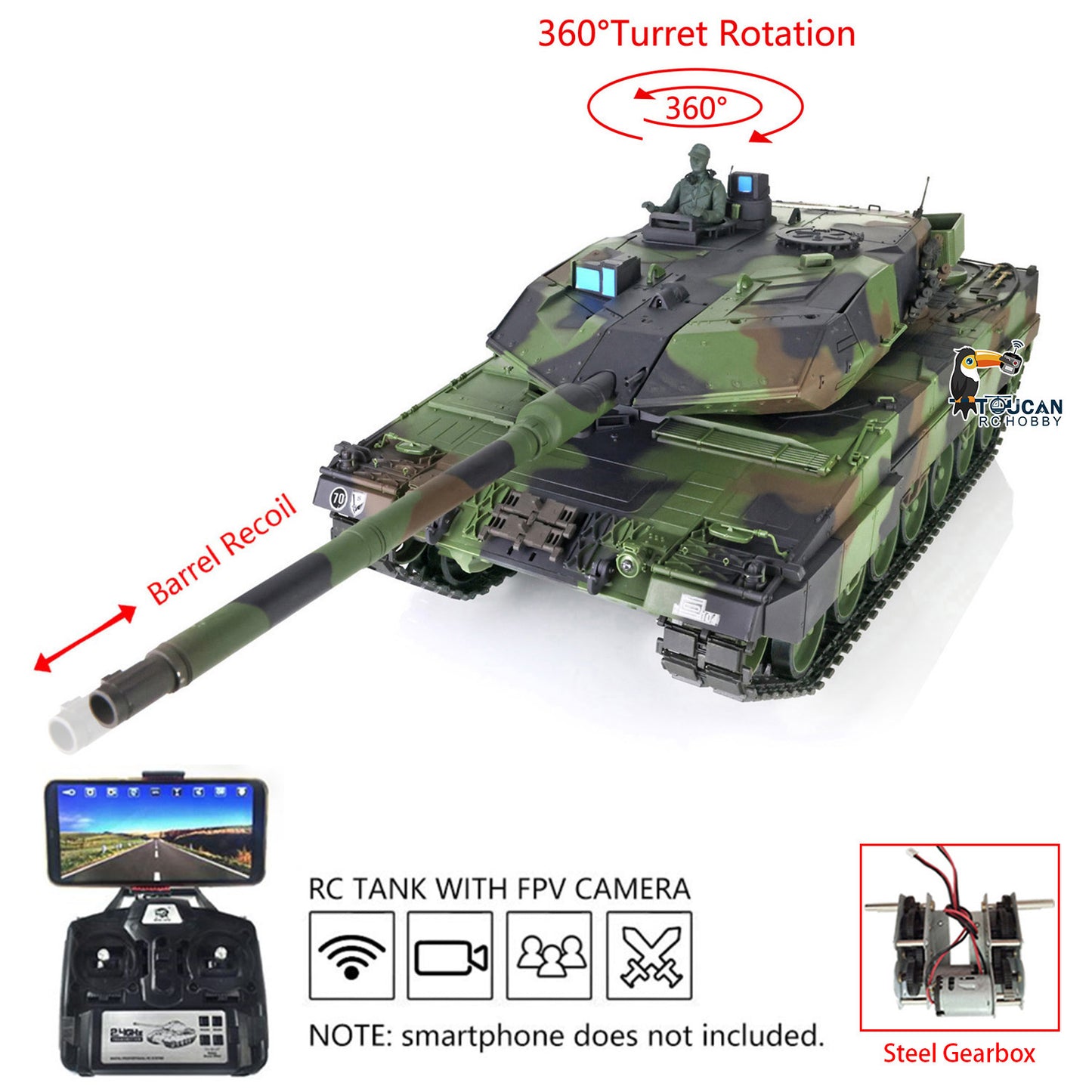 Heng Long 1/16 Military Tank TK7.0 Plastic Leopard2A6 RC Tank 3889 FPV Steel Gearbox Barrel Recoil Radio Control Rotating Turret