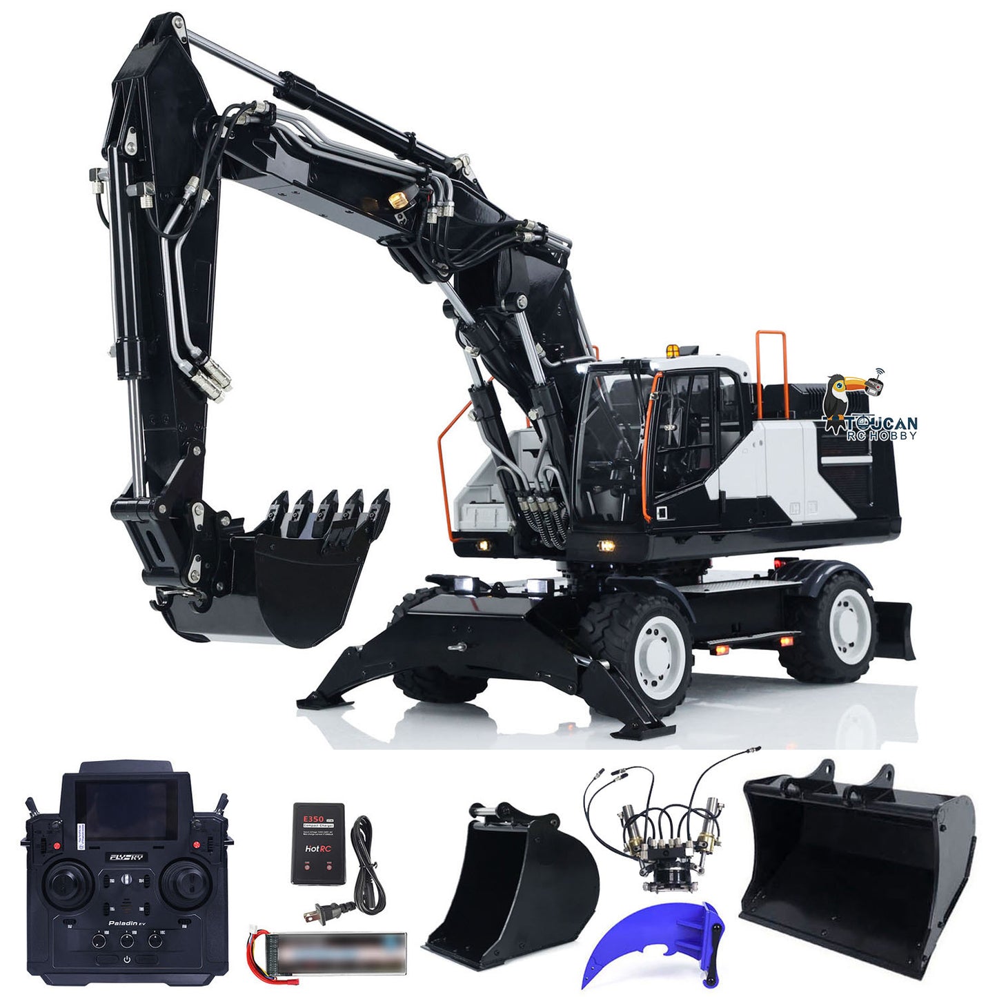 TOUCAN RC HOBBY MTModel EC380 Metal 1/14 3 Arms RC Hydraulic Excavator Tiltable Bucket 8-way Reversing Valve FlySky PL18EV Radio Controller Sound System for Adult